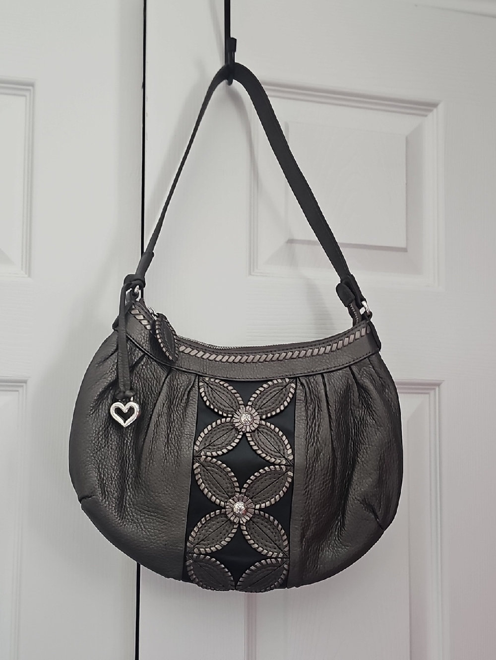 Brighton Black Leather Hobo with Floral Medallion Trim